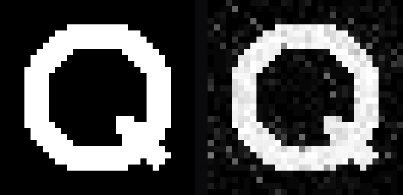 Two 32 by 32 images side by side: on the left the target letterform, on the right the same image measured on Rigetti hardware, visibly noisier but clearly the same shape